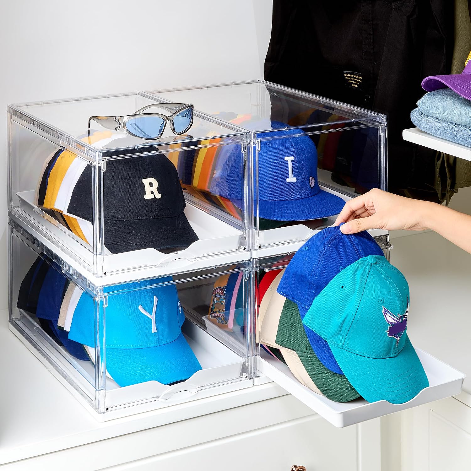 2 Pack Clear Hat Organizer Drawer for Baseball Caps, Stackable Display Case with Magnetic Door