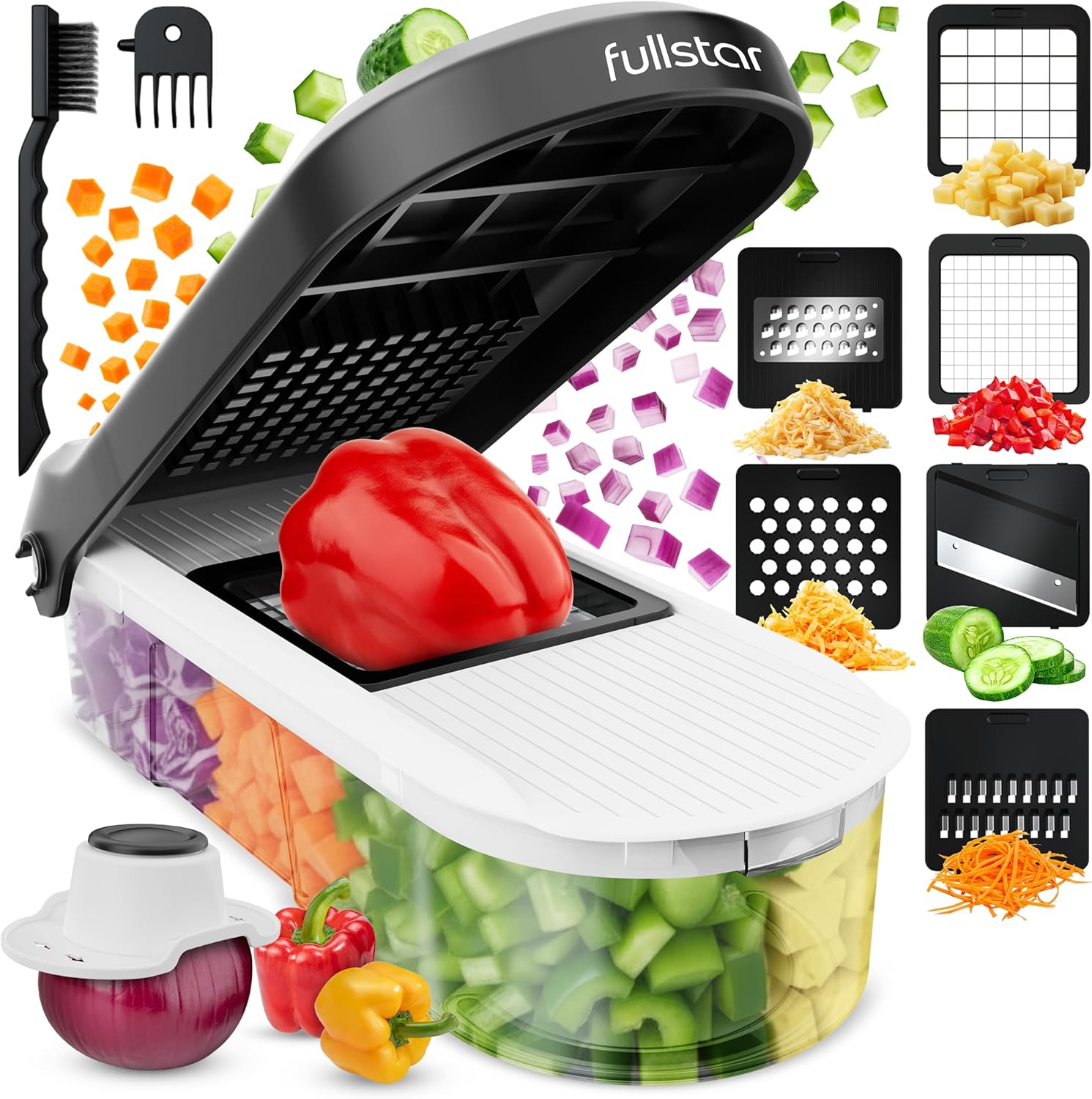 Fullstar Mandoline Slicer for Kitchen - Vegetable Chopper, Onion Potato Food Veggie Fruit Slicer and Cutter with Container, Kitchen Gadgets & Gifts, Home Essentials (All-in-1, White/Black)