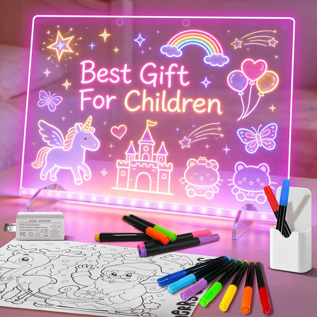 LED Note Board with 7 Colors, Includes Adapter, 13"x10" Led Drawing Board for Kids, Light Up Dry Erase Boards with 7 Markers, Soft Cloth, Hanging Chain, Holiday Trend Gift
