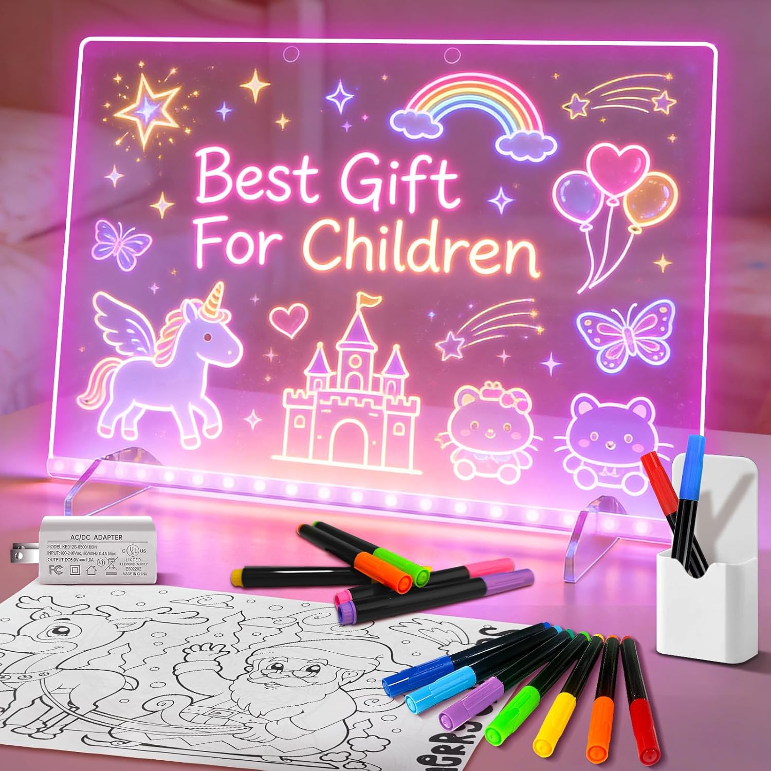 LED Note Board with 7 Colors, Includes Adapter, 13"x10" Led Drawing Board for Kids, Light Up Dry Erase Boards with 7 Markers, Soft Cloth, Hanging Chain, Holiday Trend Gift