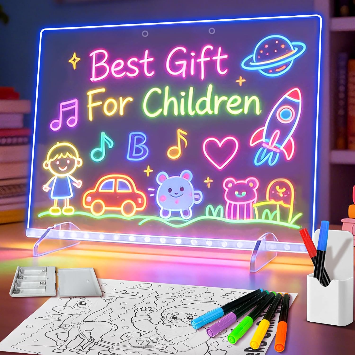 LED Note Board with 7 Colors, Includes Adapter, 13"x10" Led Drawing Board for Kids, Light Up Dry Erase Boards with 7 Markers, Soft Cloth, Hanging Chain, Holiday Trend Gift
