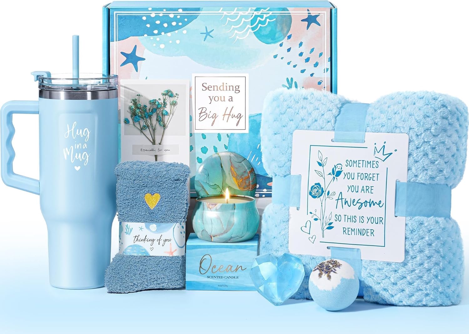 Birthday Gifts for Women Self Care Get Well Soon Gifts, Rose Relaxing Spa Bath Gift Basket Care Package w/ Flannel Blanket 40 OZ Tumbler, Mother's Day Gift for Mom Her Wife Girlfriend Grandma Sister
