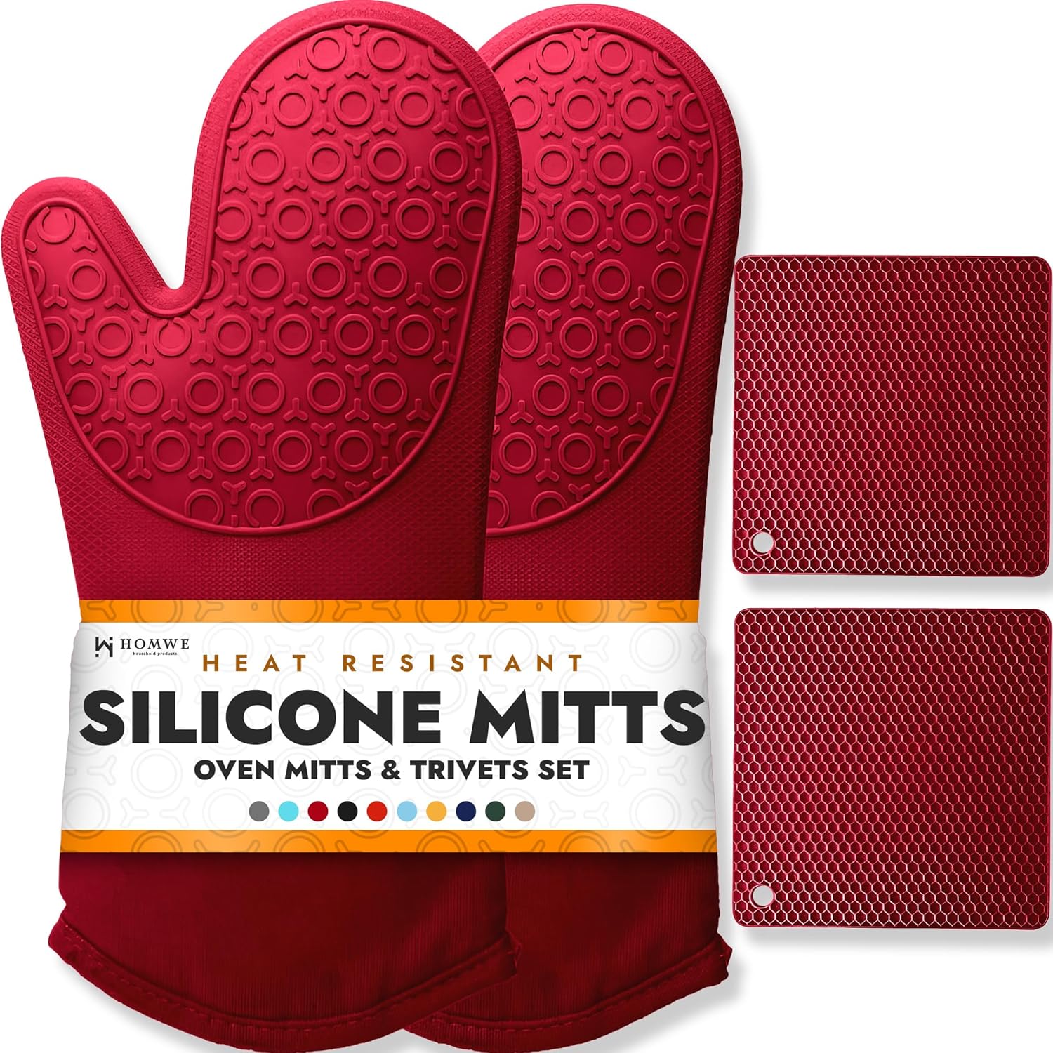 BPA-Free Soft Silicone 4 Piece Oven Mitts & Trivets Set - Ultra Heat Resistant Oven Mitts with Thick Cotton Liner - Long Slip Resistant Pot Holders, Flexible Oven Gloves - Royal Blue