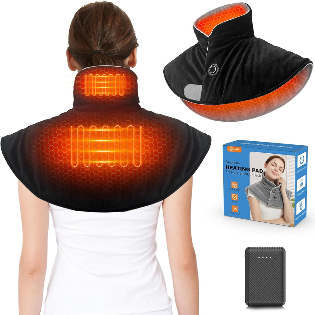 FERNIDA Neck Heating Pad with Battery & Weighted, Cordless USB Electric Heating Pad for Neck and Back Pain Relief, Grey