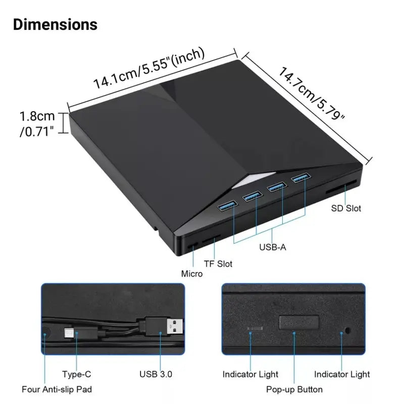7-in-1 USB 3.0 Type-C External CD DVD Drive for Laptop and Desktop