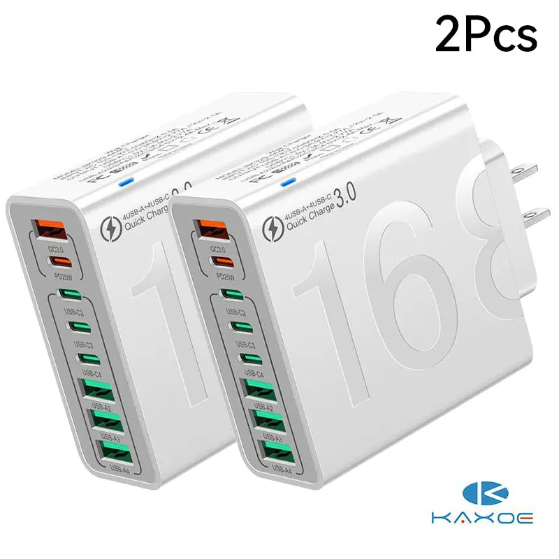 8-Port USB Fast Charging Hub - 4 USB-C & 4 USB-A Multi-Device Power Adapter