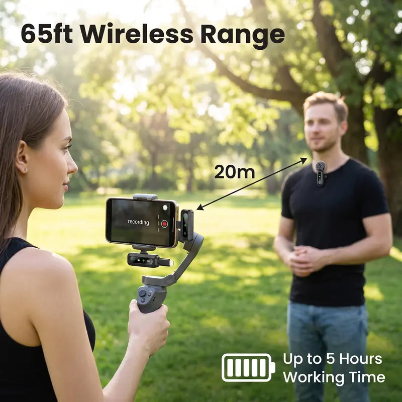 Wireless Lavalier Microphone 2-Pack for Smartphones and Tablets, Plug-and-Play Lapel Mic for Video Recording