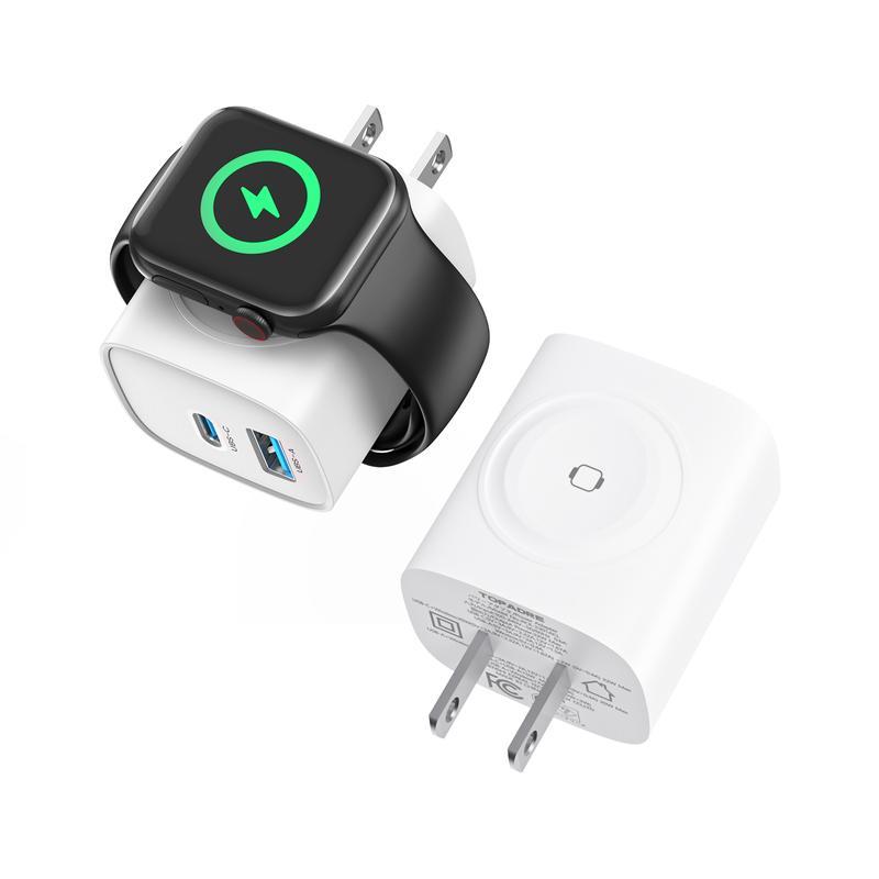 3-in-1 20W Fast Charging Block with Integrated Magnetic Wireless Charger for Smartwatches and Phones