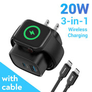 3-in-1 20W Fast Charging Block with Integrated Magnetic Wireless Charger for Smartwatches and Phones