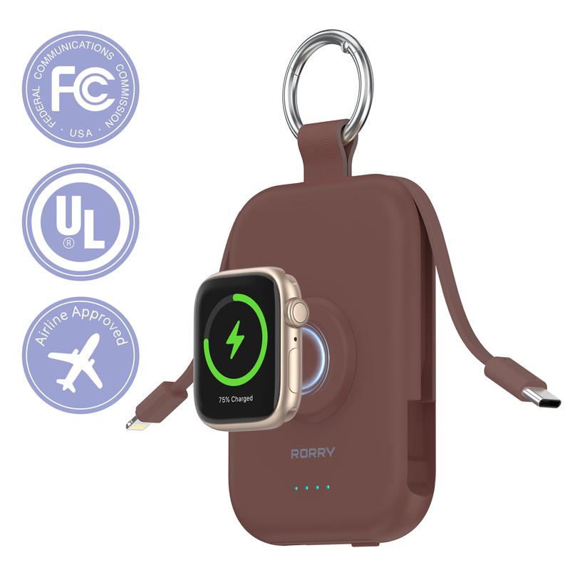 5000mAh Portable Charger with Built-in Cables and Keychain for Smartwatch and Phone