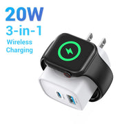 3-in-1 20W Fast Charging Block with Integrated Magnetic Wireless Charger for Smartwatches and Phones