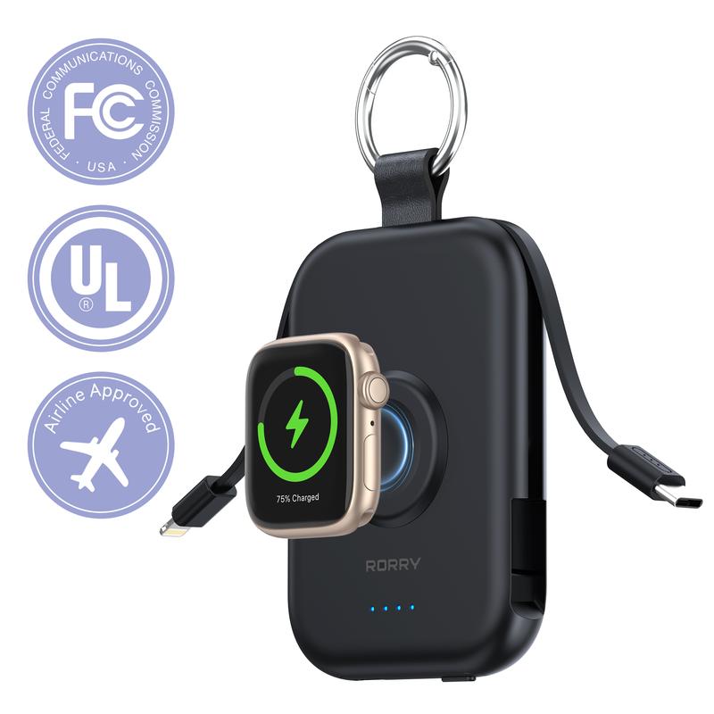 5000mAh Portable Charger with Built-in Cables and Keychain for Smartwatch and Phone
