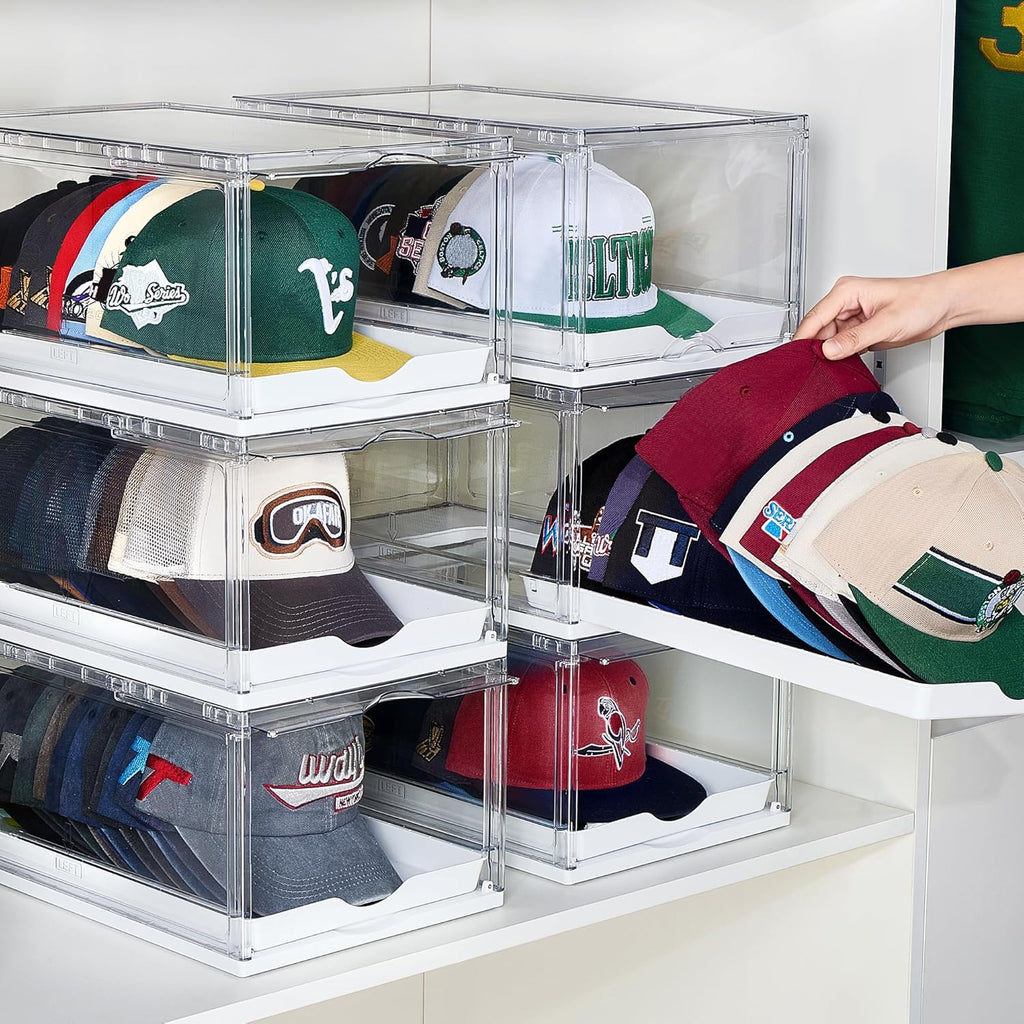 2 Pack Clear Hat Organizer Drawer for Baseball Caps, Stackable Display Case with Magnetic Door