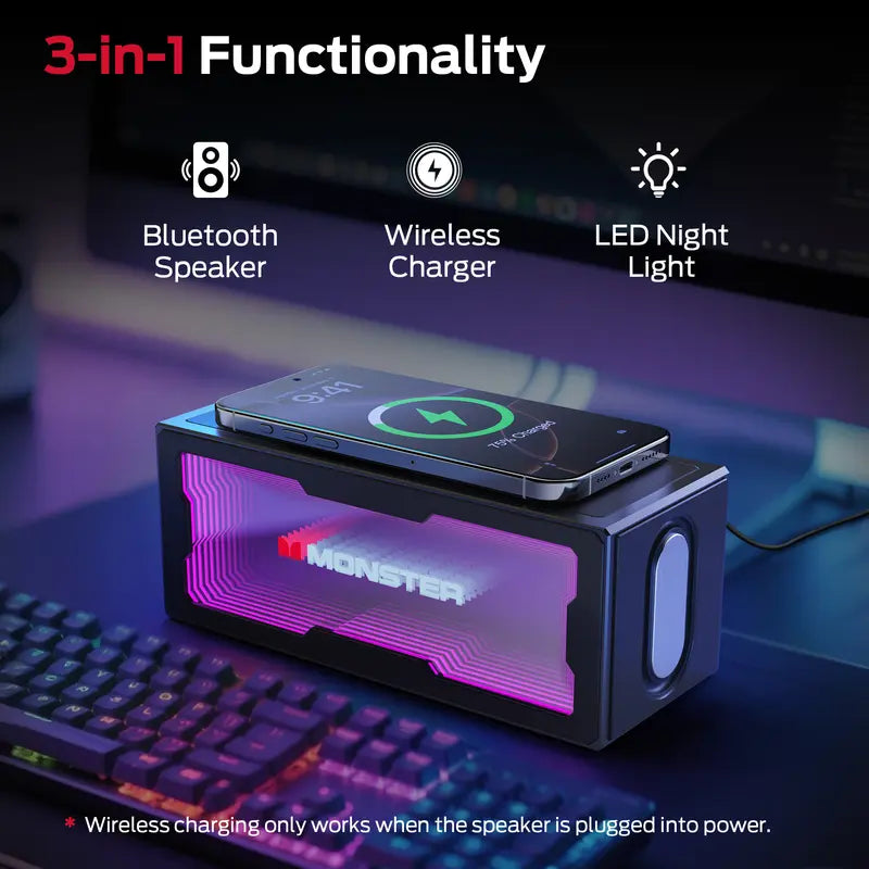 Compact Portable Bluetooth Speaker with 40W Stereo Sound, 3D LED Light Show, and Wireless Charging Station