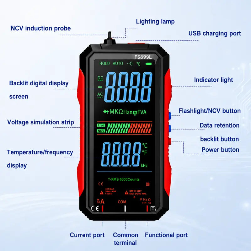 TRMS 6000-Count Digital Multimeter with 4.8-inch Color Display and USB Charging