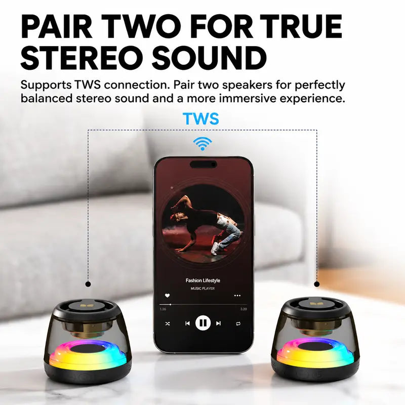 Mini Bluetooth 6.0 Speaker with RGB Light Show, TWS Stereo and Magnetic Design