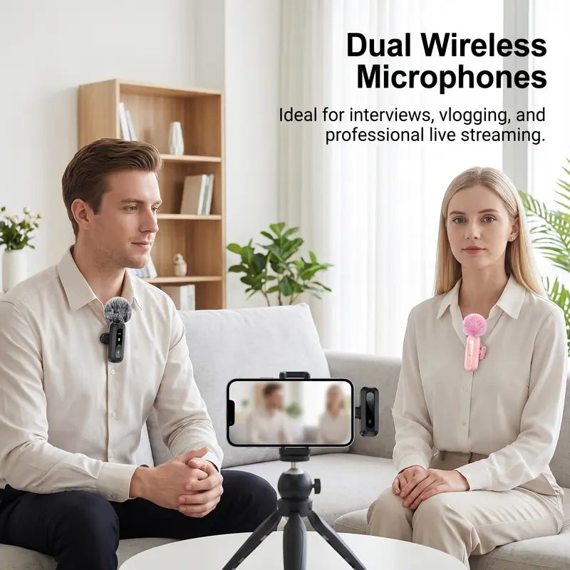 Wireless Lavalier Microphone 2-Pack for Smartphones and Tablets, Plug-and-Play Lapel Mic for Video Recording
