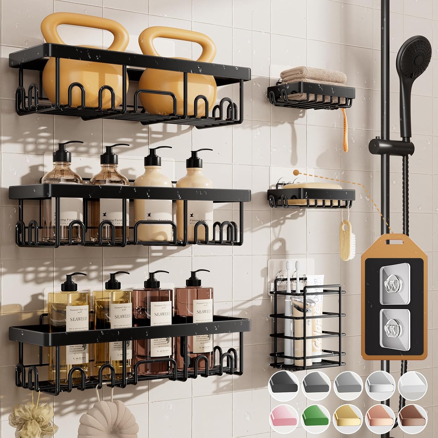 6-Pack Adhesive Shower Caddy Set - Rustproof Stainless Steel Bathroom Organizer & Storage