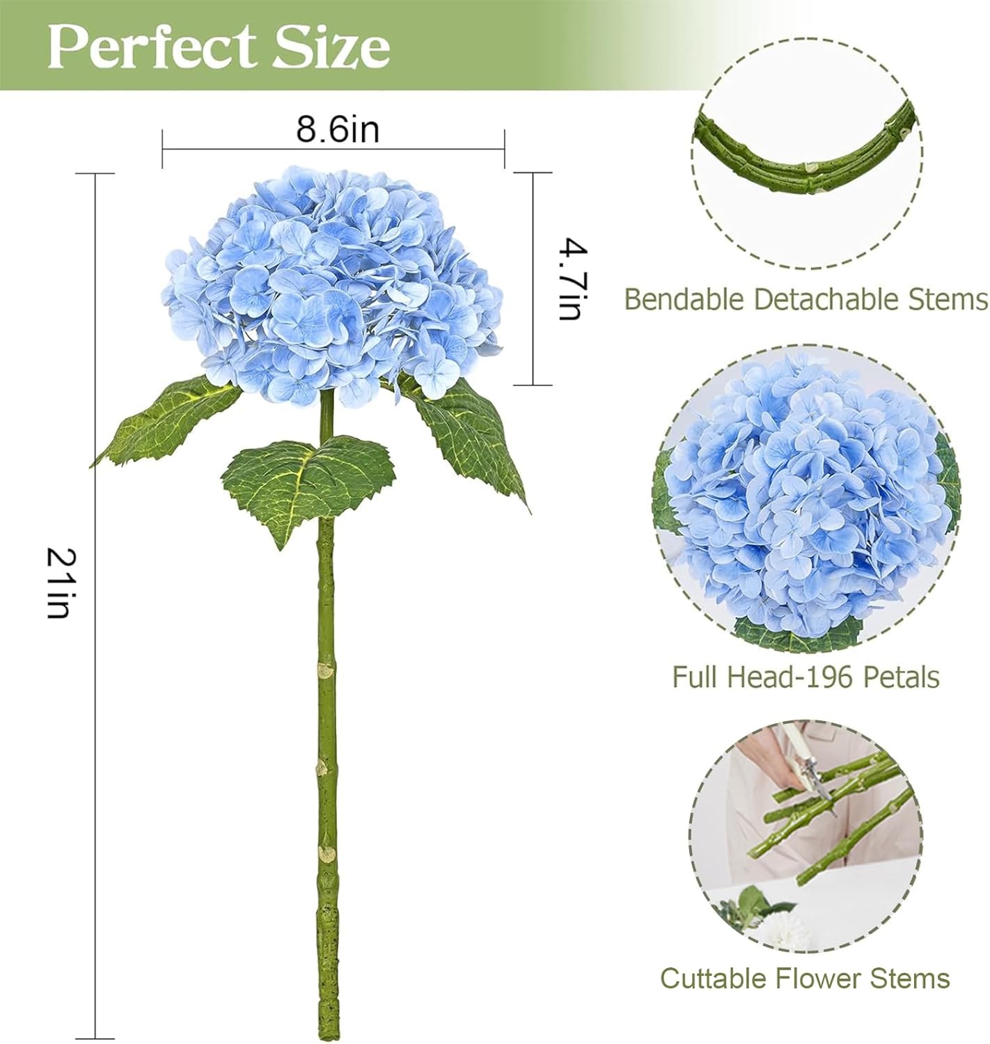 Waipfaru 21" Real Touch Blue Hydrangea Artificial Flowers with Long Stem & Leaves, Full Latex Faux Hydrangea Flowers for Home Decor Party Floral Arrangements Wedding Bouquets Centerpieces, 3Pcs