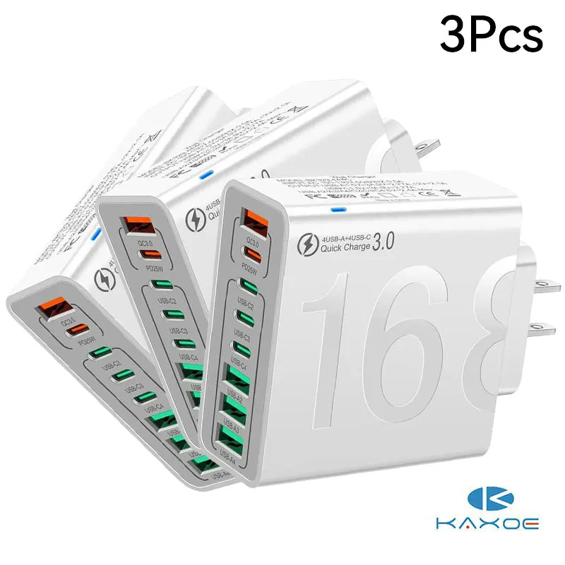 8-Port USB Fast Charging Hub - 4 USB-C & 4 USB-A Multi-Device Power Adapter