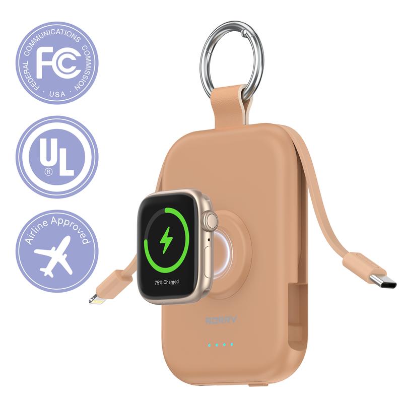 5000mAh Portable Charger with Built-in Cables and Keychain for Smartwatch and Phone