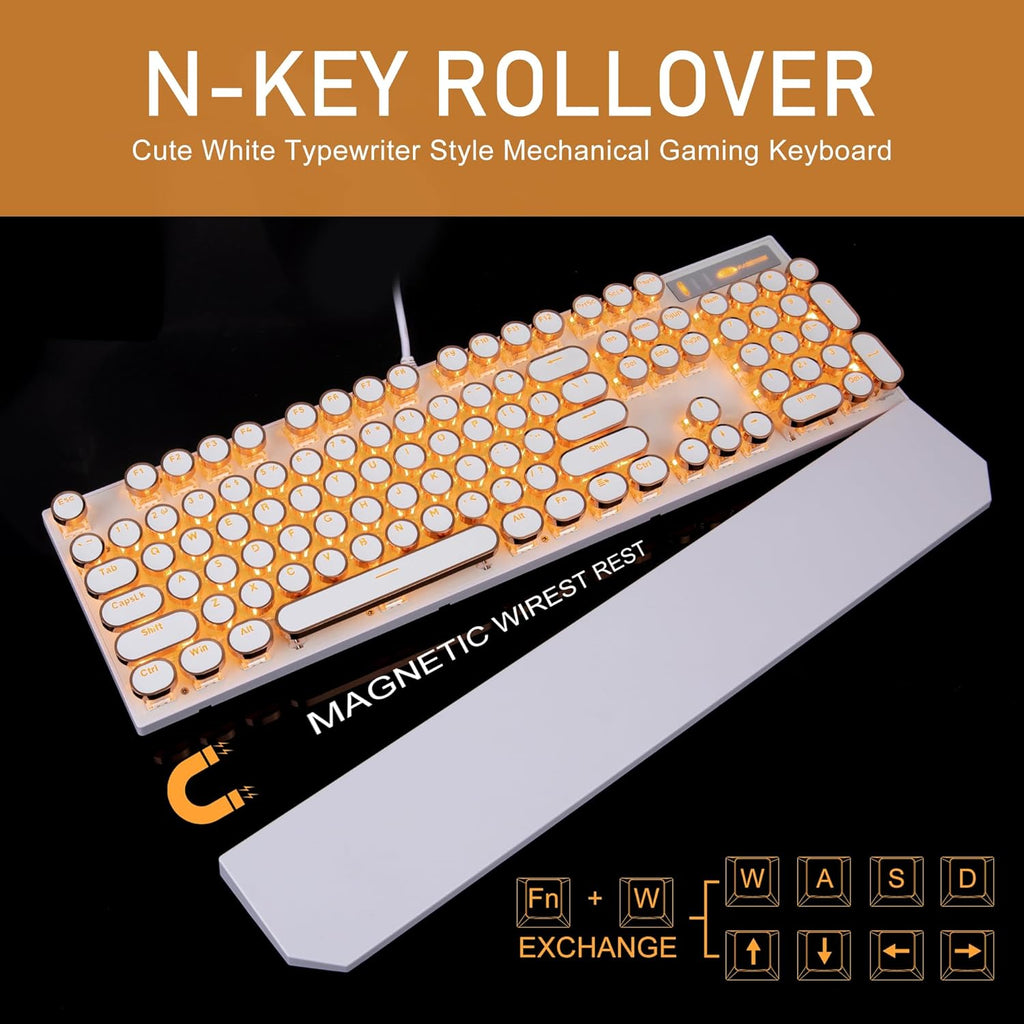 Camiysn Typewriter Style Mechanical Keyboard, Retro Punk Gaming Keyboard with Gold LED Backlit, Cute Wired Keyboards,104 Keys Full Size Keyboards, Uique Round Keycaps for Windows/Mac/PC(White&Gold)