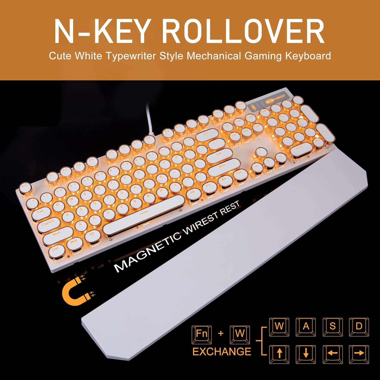 Camiysn Typewriter Style Mechanical Keyboard, Retro Punk Gaming Keyboard with Gold LED Backlit, Cute Wired Keyboards,104 Keys Full Size Keyboards, Uique Round Keycaps for Windows/Mac/PC(White&Gold)