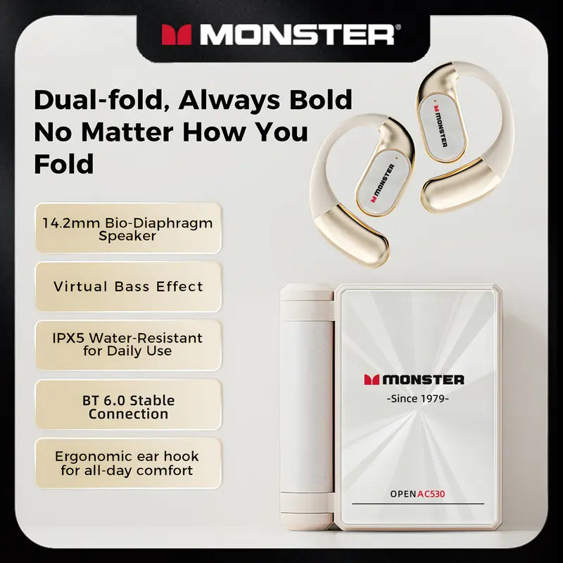 Open-Ear Mic Headset, Dual-Fold Design, 100H Battery Life Bluetooth 6.0 Wireless Earbuds