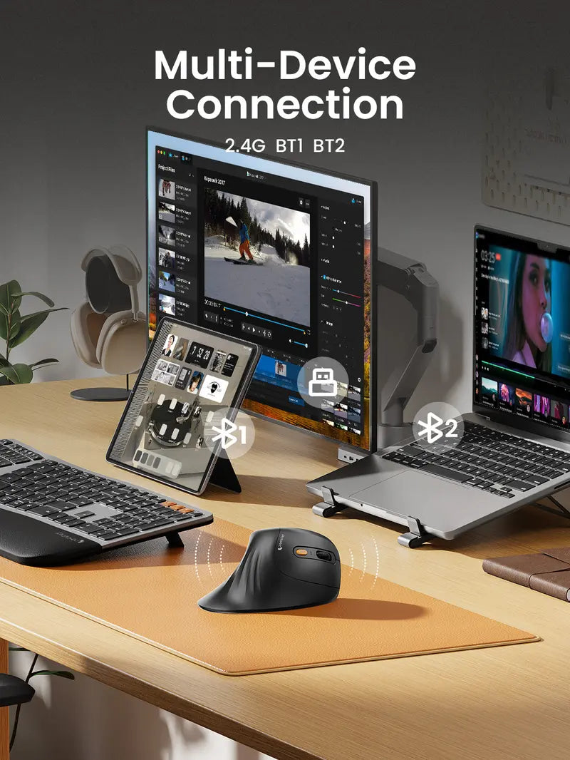 Ergonomic Bluetooth Vertical Mouse - Rechargeable Silent Wireless Mouse with 3 Multi-Device Connectivity