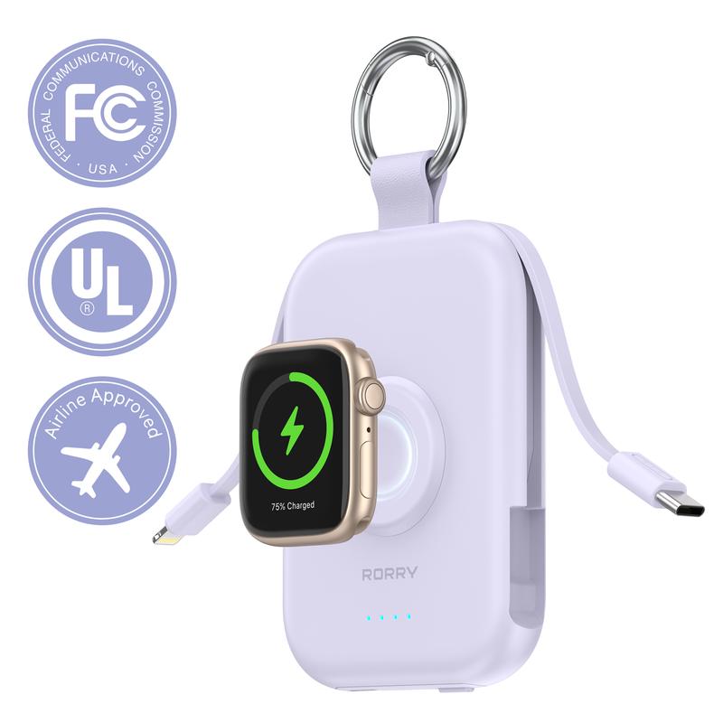 5000mAh Portable Charger with Built-in Cables and Keychain for Smartwatch and Phone