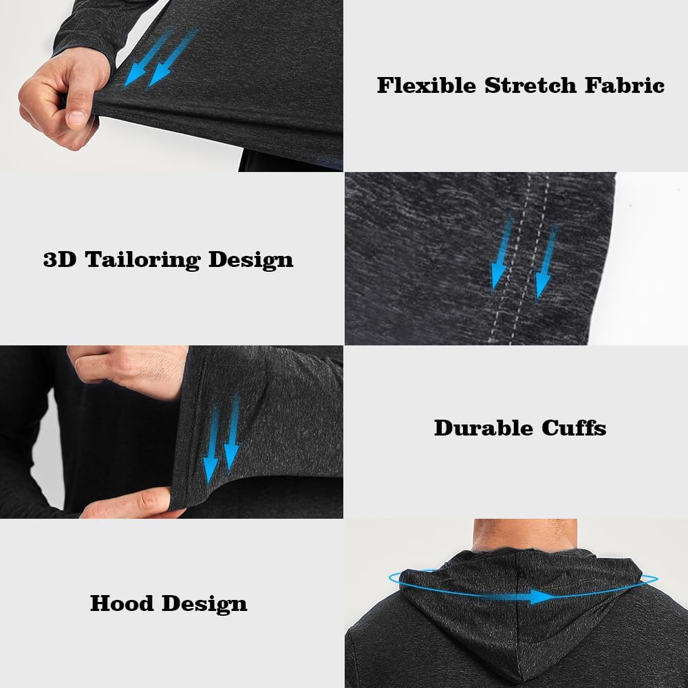 2PC Men's Athletic Hooded Shirts – Dry Fit Long Sleeve for Gym, Fishing & Sun Protection