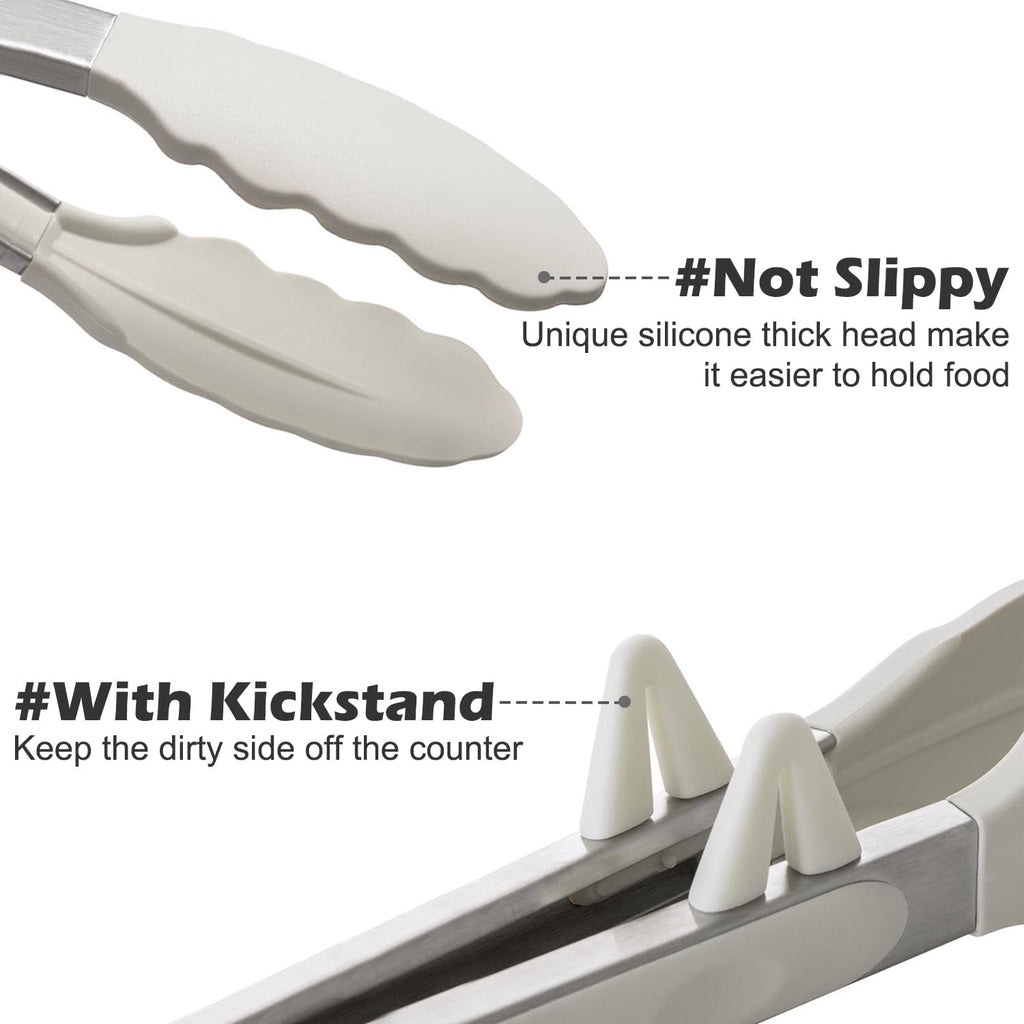Kitchen Tongs, 9 Inch Tongs for Cooking with Silicone Tips, Food Grade Small Silicone Tongs, Mini Serving Tongs for Nonstick Pans, BBQ, Salad, Set of 3, White