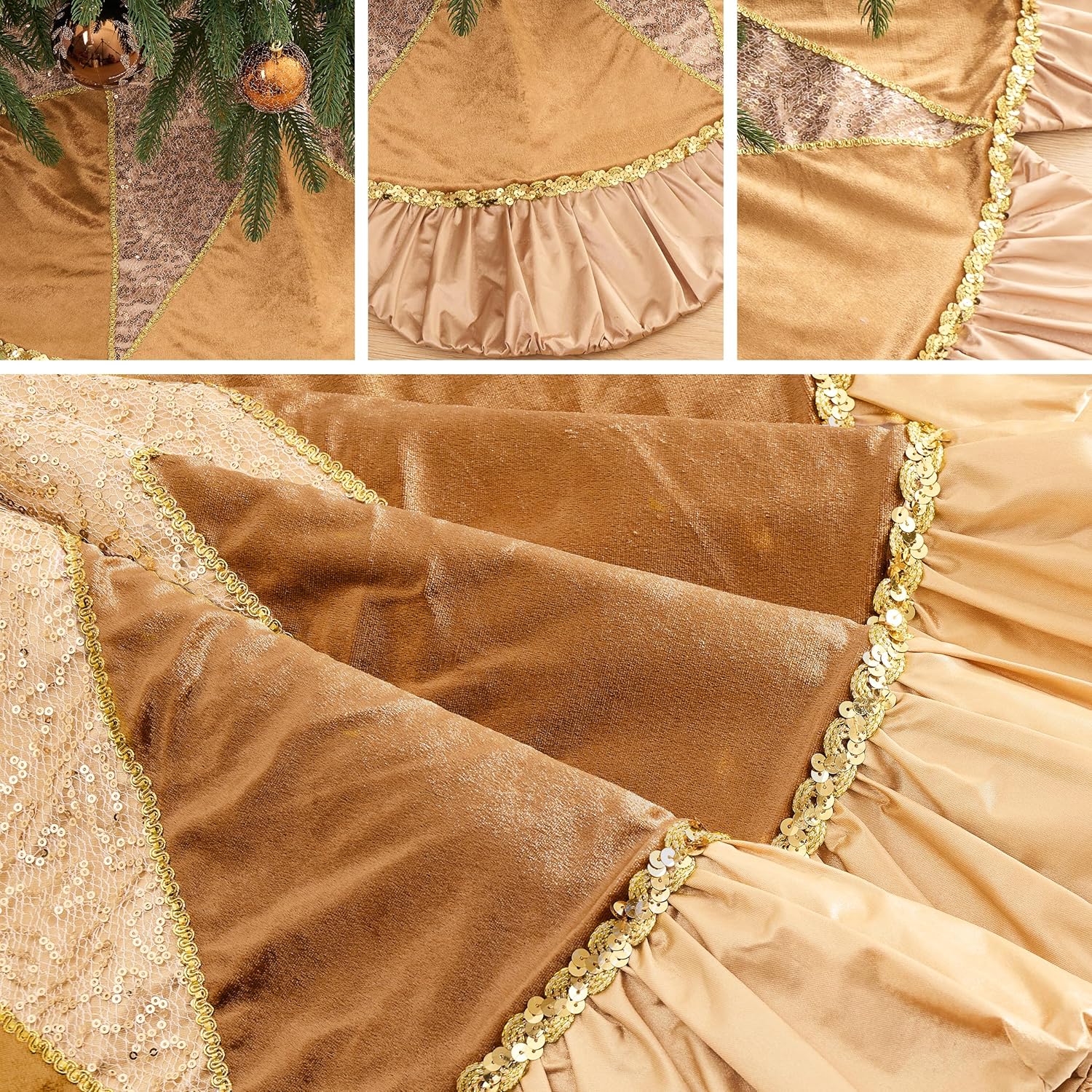 Valery Madelyn Christmas Tree Skirt for Tree Decorations, 48 inch Luxury Sparking Gold Large Xmas Velvet Tree Skirt with Starshaped Sequins Pattern & Ruffle Trim for Chritmas Decor