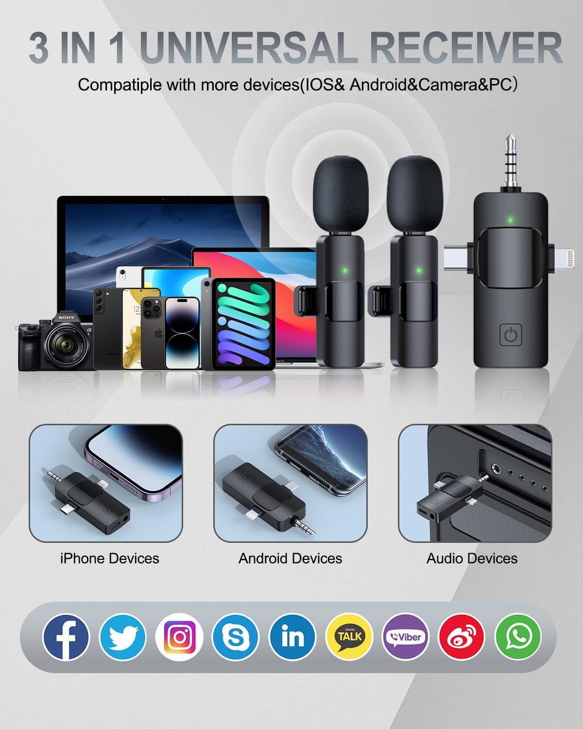 3-in-1 Professional Wireless Lavalier Microphone for Smartphones, Cameras, and Laptops - Crystal Clear Sound