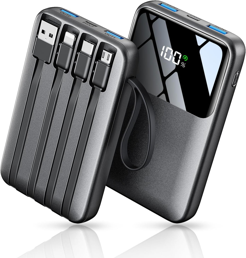 Power Bank, 15000mAh Portable Charger with Built in Cable, 22.5W Fast Charging, 6 Outputs, Slim Travel Essential Battery Pack with LED Display, Compatible with iPhone 17/16/15/14/13, iPad Black
