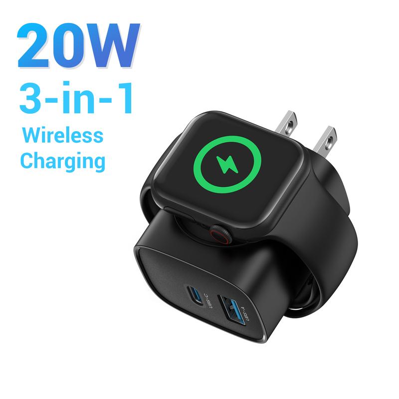 3-in-1 20W Fast Charging Block with Integrated Magnetic Wireless Charger for Smartwatches and Phones