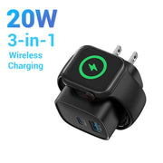 3-in-1 20W Fast Charging Block with Integrated Magnetic Wireless Charger for Smartwatches and Phones