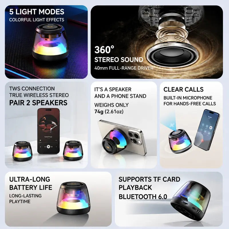 Mini Bluetooth 6.0 Speaker with RGB Light Show, TWS Stereo and Magnetic Design