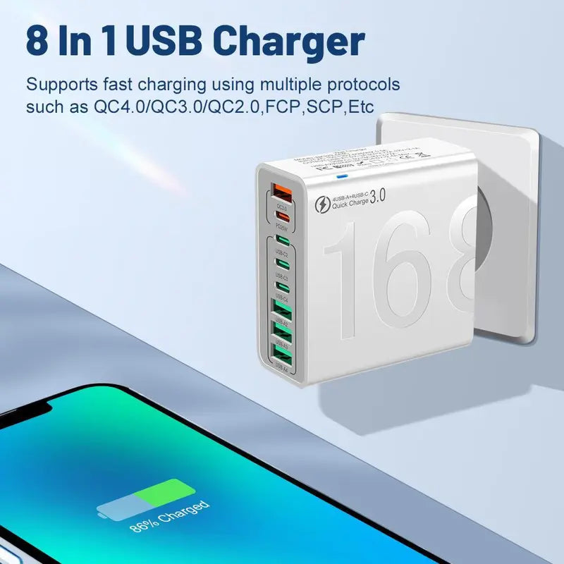 8-Port USB Fast Charging Hub - 4 USB-C & 4 USB-A Multi-Device Power Adapter