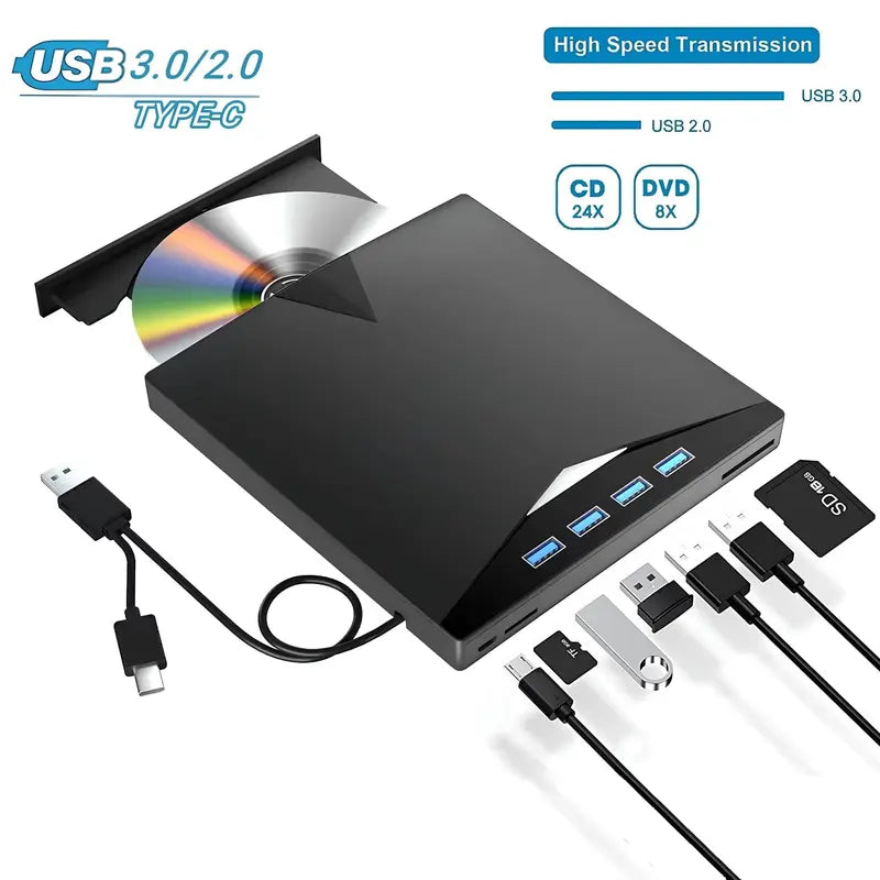 7-in-1 USB 3.0 Type-C External CD DVD Drive for Laptop and Desktop