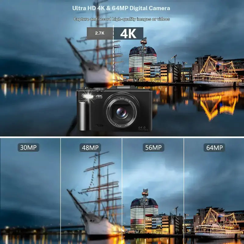 4K Digital Camera with 64MP Resolution, 180° Flip Screen, and 18X Zoom