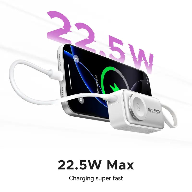 3-in-1 Folding Portable Power Bank with Integrated Cables, Smartwatch Wireless Charging, and Phone Stand