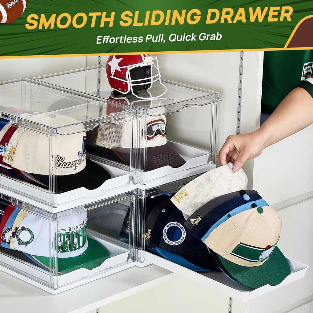 2 Pack Clear Hat Organizer Drawer for Baseball Caps, Stackable Display Case with Magnetic Door