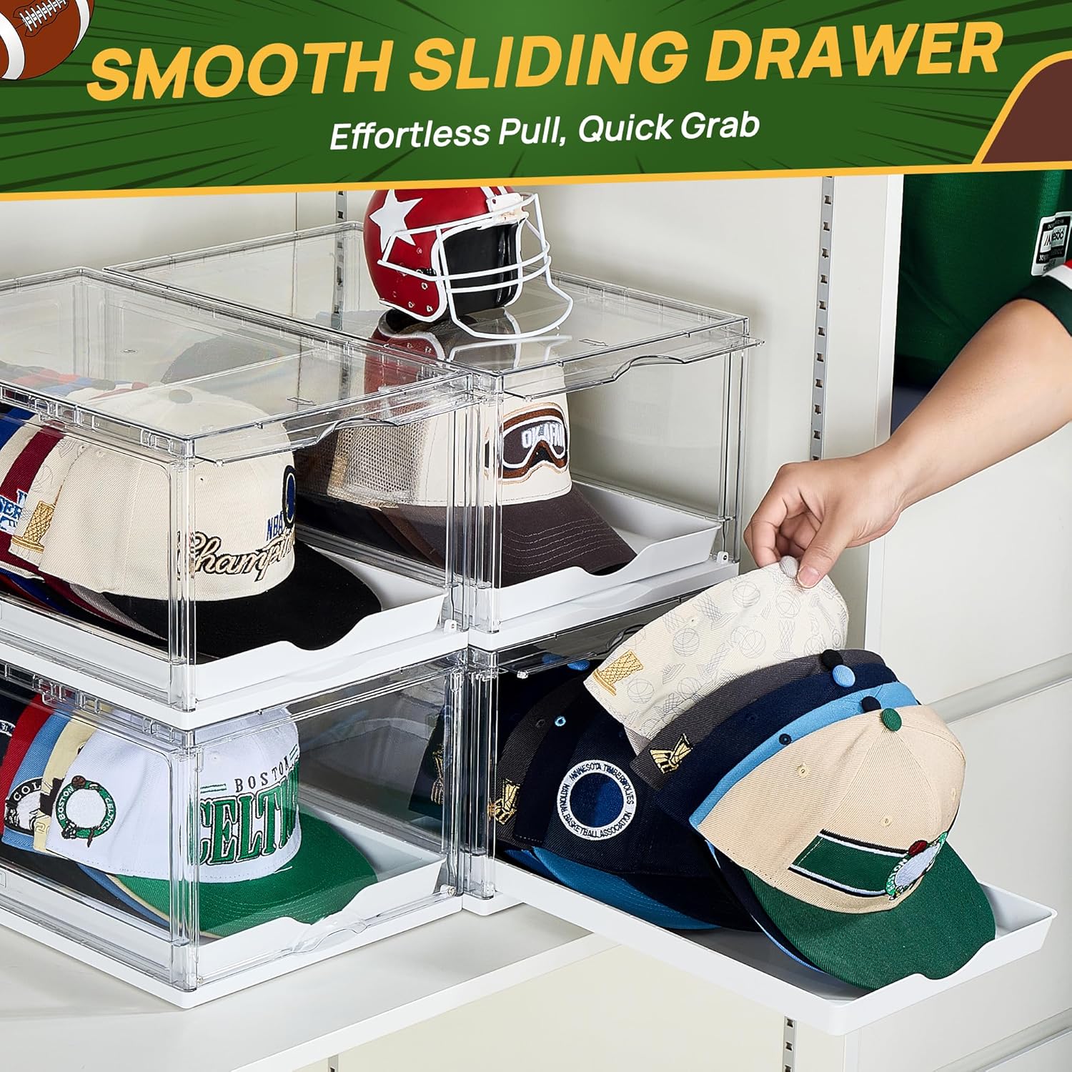 2 Pack Clear Hat Organizer Drawer for Baseball Caps, Stackable Display Case with Magnetic Door