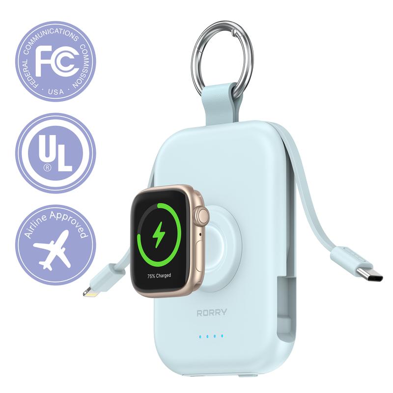 5000mAh Portable Charger with Built-in Cables and Keychain for Smartwatch and Phone