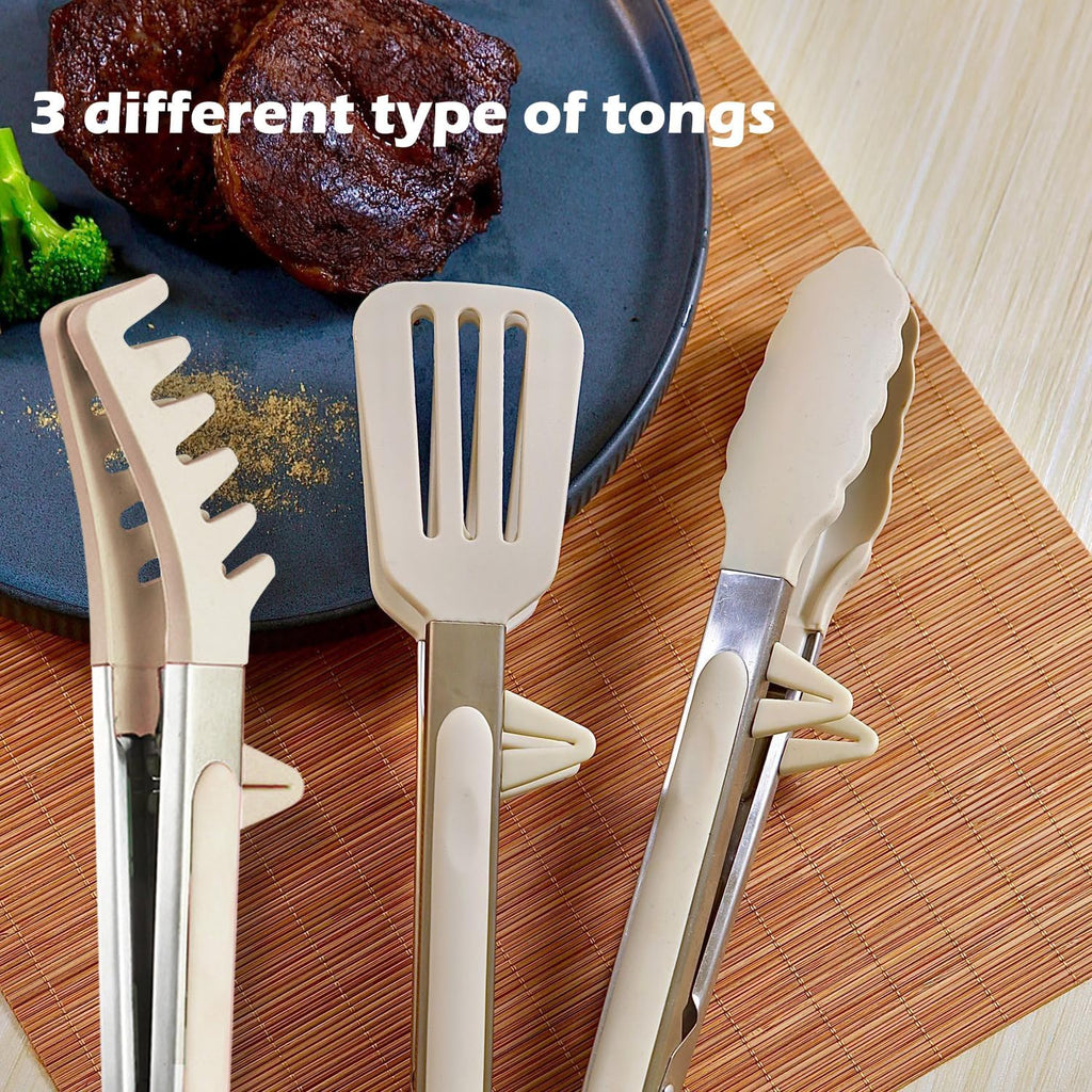 Kitchen Tongs, 9 Inch Tongs for Cooking with Silicone Tips, Food Grade Small Silicone Tongs, Mini Serving Tongs for Nonstick Pans, BBQ, Salad, Set of 3, White