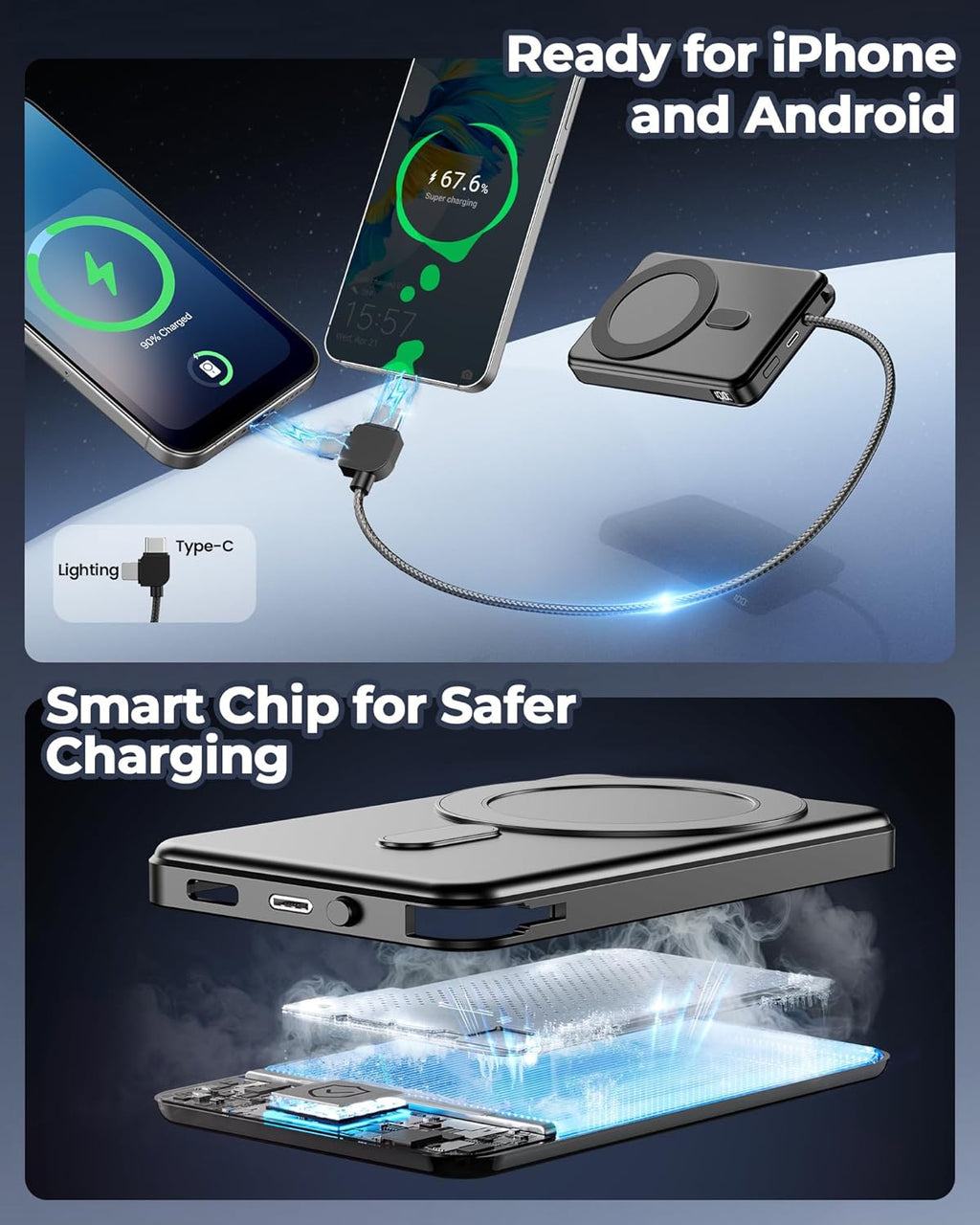 Portable Charger Power Bank, 10000mAh Phone Charger with Built-in Cable, 20W PD Fast Charging, Slim Battery Pack with LED Display, Travel Essential for iPhone 17/16/15/14 All Series, Black