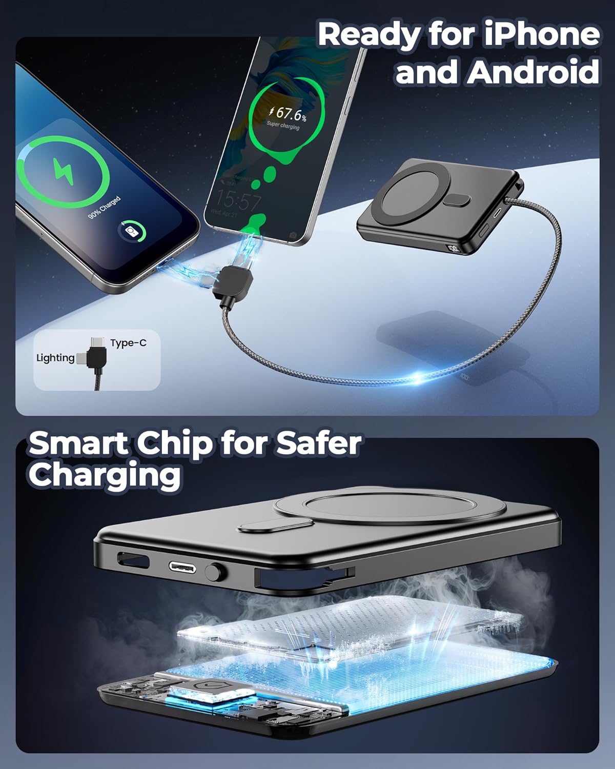 Portable Charger Power Bank, 10000mAh Phone Charger with Built-in Cable, 20W PD Fast Charging, Slim Battery Pack with LED Display, Travel Essential for iPhone 17/16/15/14 All Series, Black