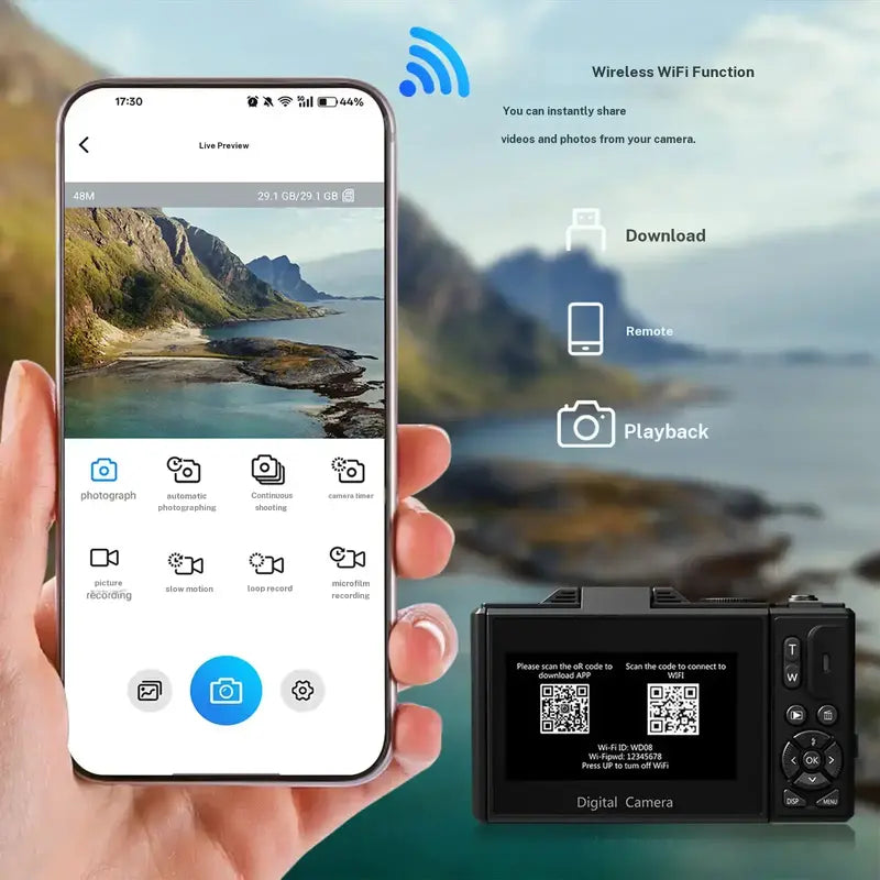 4K Digital Camera with 64MP Resolution, 180° Flip Screen, and 18X Zoom