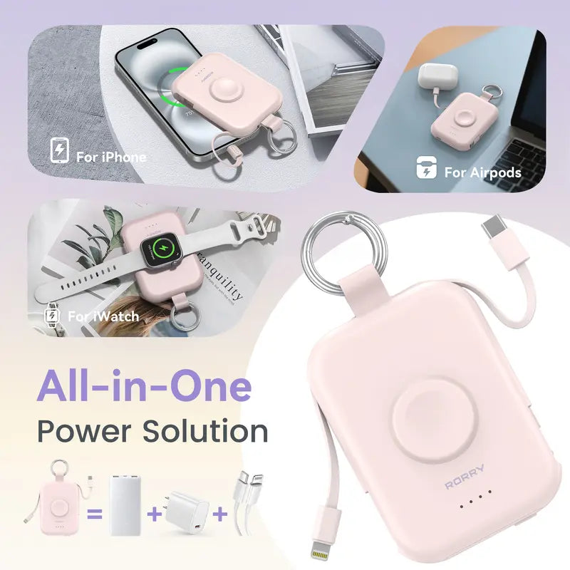 5000mAh Portable Charger with Built-in Cables and Keychain for Smartwatch and Phone